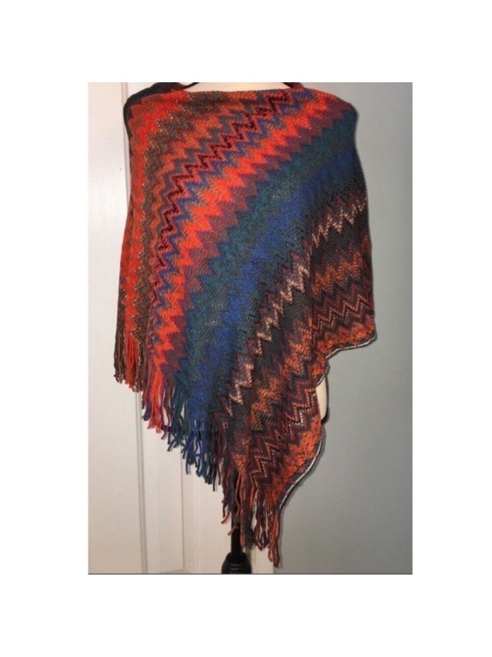Chevron patterned stripe fringed poncho pullover sweater top fall winter spring